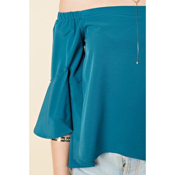 Women's Off Shoulder Buttoned Asymmetrical Bell Sleeve Top with Elastic Band - Picture 9 of 10